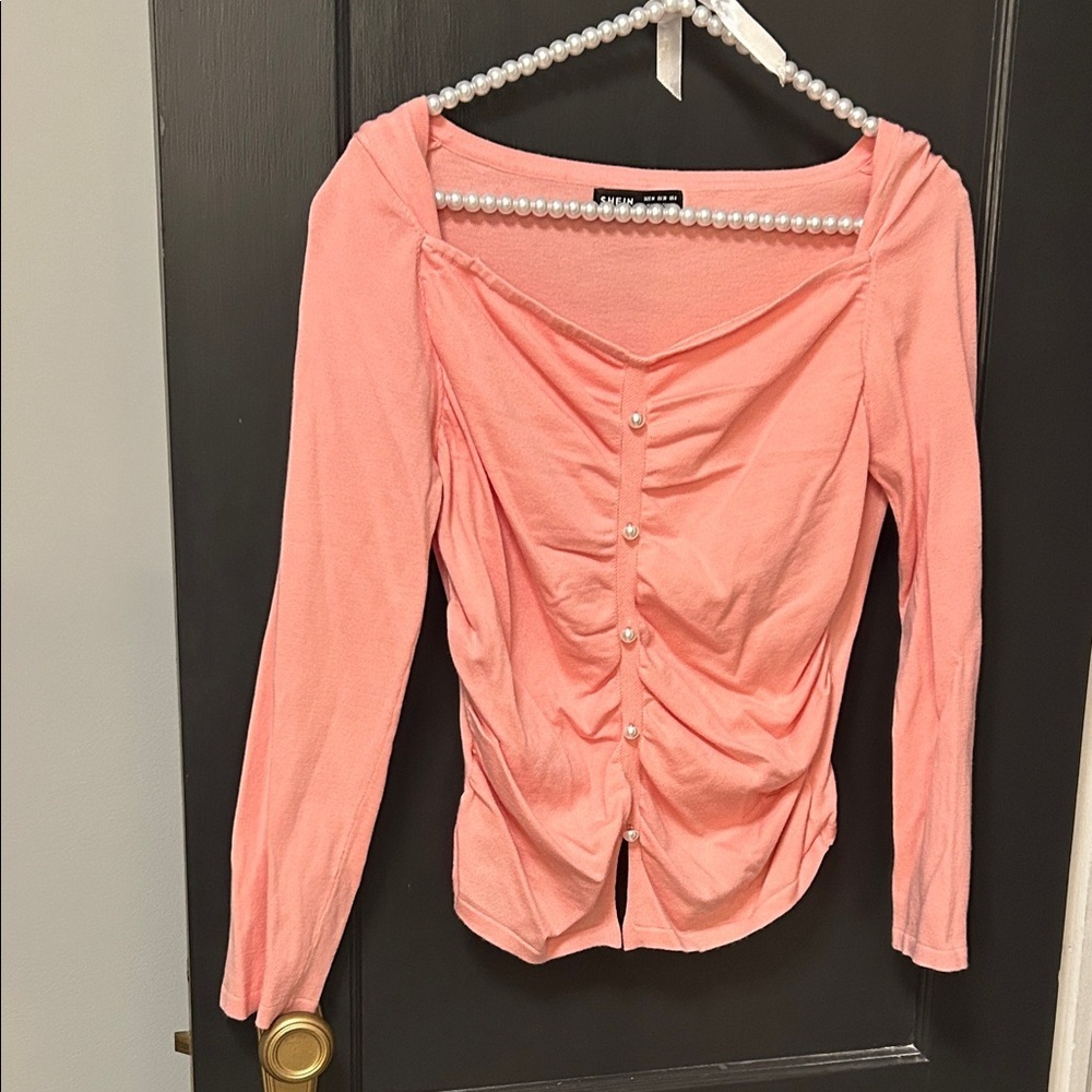SHEIN Pink Long Sleeve Blouse with Pearl Details